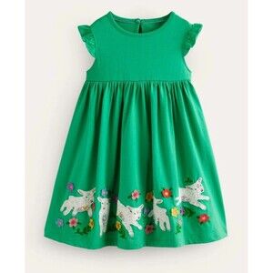 Mini Boden Girls/Kids Frill Sleeve Appliqué Dress Pea Green Sheep Dress 4/5 GUC